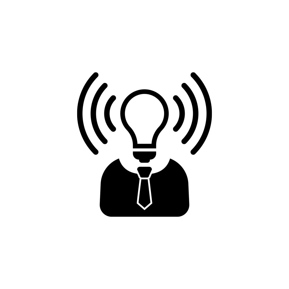 this image shows the depiction of a stynsil person in business attire. The head has been replaced with what appears to be an illuminated light-bulb