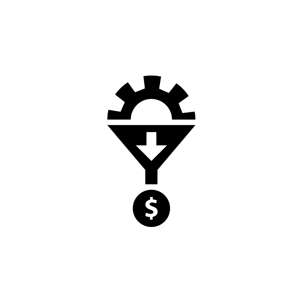This image has three working parts stacked on top of each other. The first part on top is have a sun in stencil format. The middle part, is a stencil funnel with an arrow symbol in the middle of funnel pointing down. The bottom image is a circle with a dollar sign in the middle.
